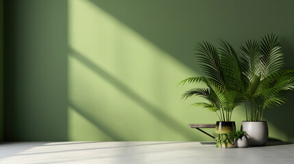 Fototapeta premium potted palm tree plant in one side in front of empty wall.Generative Ai 