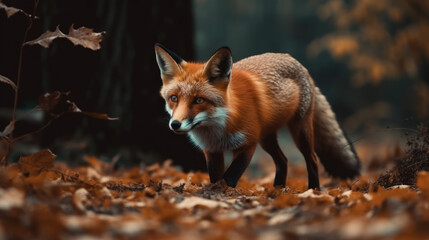 Cute Red Fox, Vulpes vulpes in fall forest. Beautiful animal in the nature habitat. Wildlife scene from the wild nature, Germany, Europe. Cute animal in habitat. Red fox.