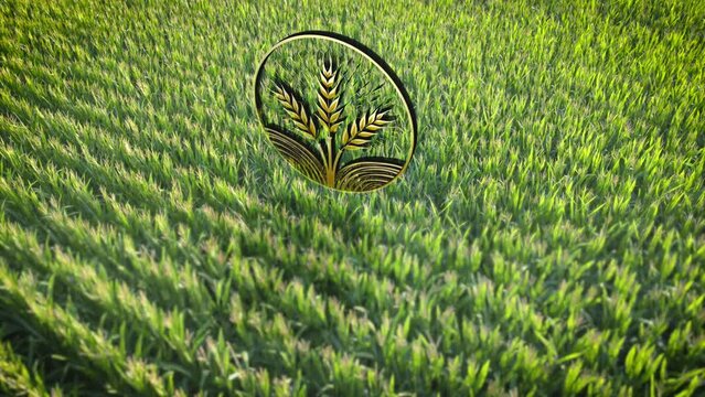 Iconic golden symbol of agricultural production in a colorful cornfield. Digital motion graphics.