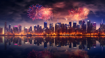 Fototapeta premium A city skyline comes alive with a spectacular fireworks show to ring in the New Year. The image showcases the dynamic bursts of colors against the urban backdrop and symbolizing the energy.