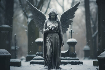 Angel statue in a snowy cemetery. - Powered by Adobe