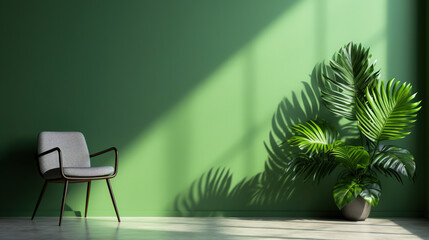 potted palm tree plant in one side in front of empty wall.Generative Ai
