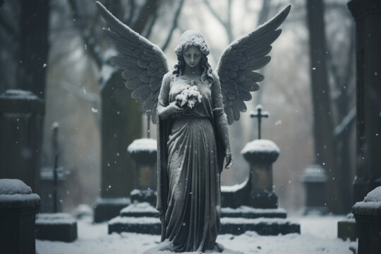Angel statue in a snowy cemetery.