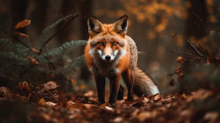 Cute Red Fox, Vulpes vulpes in fall forest. Beautiful animal in the nature habitat. Wildlife scene from the wild nature, Germany, Europe. Cute animal in habitat. Red fox.
