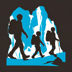 Pictogram of three hikers with a large backpack and hiking poles climbing a mountain in dark blue tones. AI Generated - obrazy, fototapety, plakaty