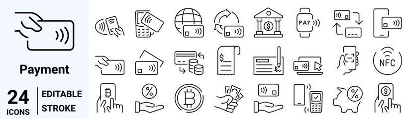 Set of 24 outline icons related to payment. Contains an icon such as NFC, money, bitcoin, credit card, credit card, Linear icon collection. Editable stroke. Vector illustration - obrazy, fototapety, plakaty