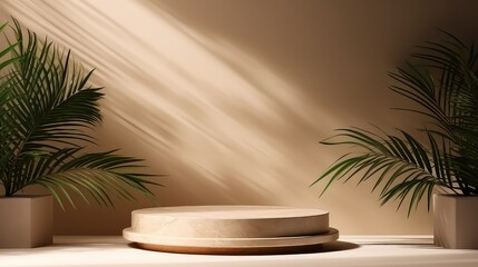 Fototapeta premium Beige Marble Podium with Palm Shadow Backdrop