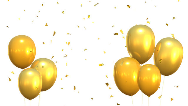 3d render of golden balloons and confetti falling on transparent background, anniversary, birthday or wedding celebration
