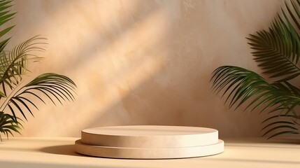 Obraz premium Beige Marble Podium with Palm Shadow Backdrop