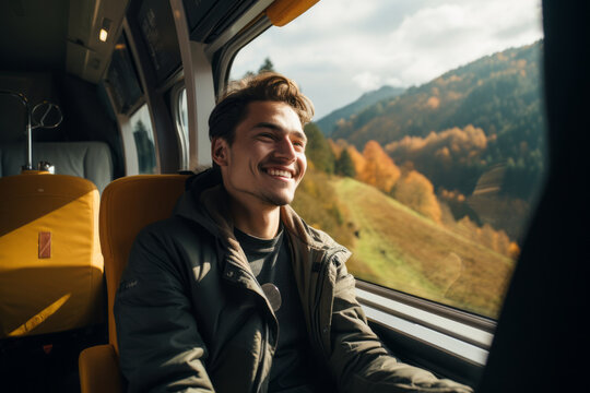 Happy, Smiling Young Man Traveling In Train.