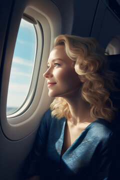 Passenger beauty woman looking at window, traveling.