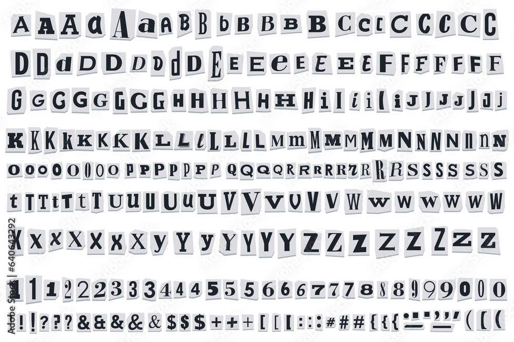 Fototapete paper cut out ransom vector letters alphabet. blackmail or ransom kidnapper anonymous note font. lat