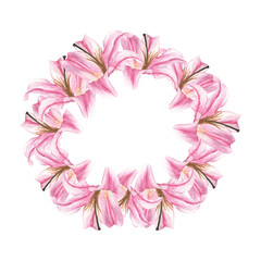 Fototapeta na wymiar Watercolor hand painted round wreath with Pink lily.