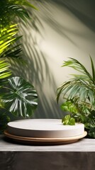 Fototapeta premium Marble Greenery Tropical Shadowed Showcase background