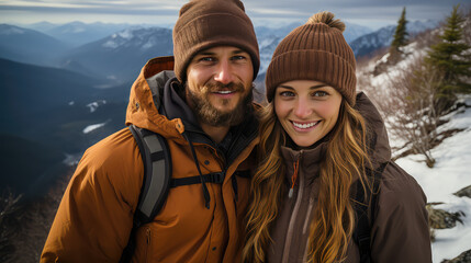 Couple hikers selfie portrait in winter mountains, young happy woman and man hiking in snowy travel.