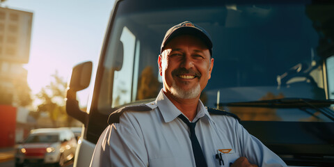 Professional bus driver in uniform, middle aged man, portrait of smiling male in sunny day. 