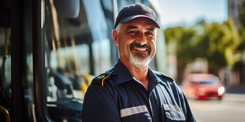 Professional bus driver in uniform, middle aged man, portrait of smiling male in sunny day. 