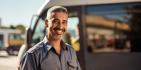 Professional bus driver in uniform, middle aged man, portrait of smiling male in sunny day. 
