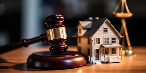 Model of house and gavel. Real estate law concept, House with gavel and law books. Real estate law and house auction concept, generative Ai