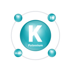 Icon structure Potassium (K) chemical element round shape circle dark green with surround ring Number shows of energy levels of electron. Study science for education 3D Illustration vector.