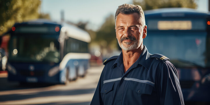 Professional bus driver in uniform, middle aged man, portrait of smiling male in sunny day.