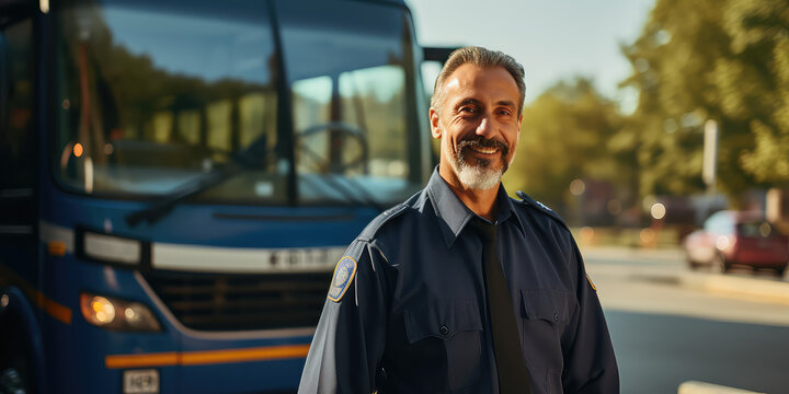 Professional bus driver in uniform, middle aged man, portrait of smiling male in sunny day.