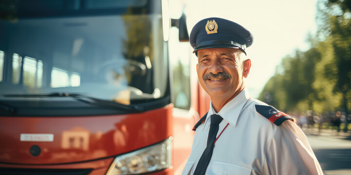 Professional bus driver in uniform, middle aged man, portrait of smiling male in sunny day.
