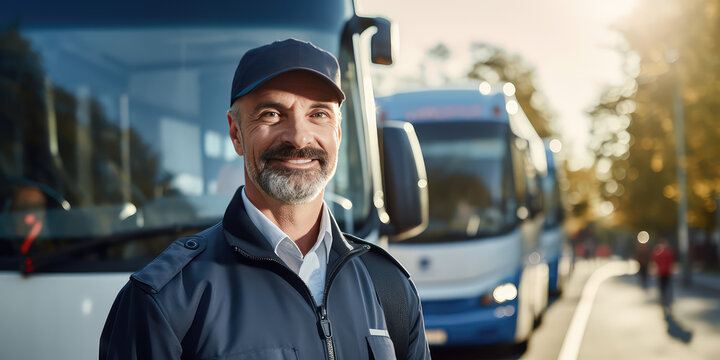 Professional bus driver in uniform, middle aged man, portrait of smiling male in sunny day.