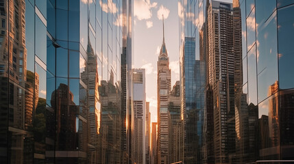 Skyscrapers reaching for the sky, their glass exteriors mirroring the surrounding cityscape and creating a stunning visual spectacle