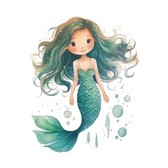 Illustration of a beautiful watercolor mermaid for children and children's books