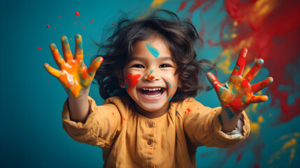 Little kid proudly raises her messy painted hands in the air, her face and clothes splashed with vibrant colours. Pure joy.
