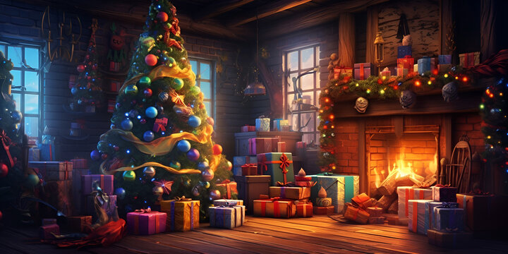 Christmas decorated with multicolor christmas balls and many presents are placed near fire place, Christmas tree with presents and fireplace in dark room, generative Ai