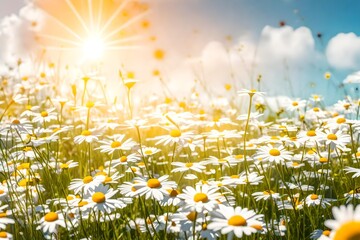Naklejka premium A beautiful, sun-drenched spring-summer meadow. Natural colorful panoramic landscape with many wildflowers of daisies against blue sky - AI Generative