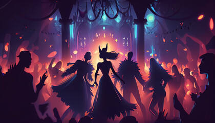 Fototapeta na wymiar Crowd people celebrate the Halloween day party by dressing up in ghost and devil costumes and dancing happily in night lighting scene. Ai generated image