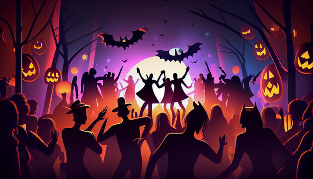 Crowd people celebrate the Halloween day party by dressing up in ghost and devil costumes and dancing happily in night lighting scene. Ai generated image