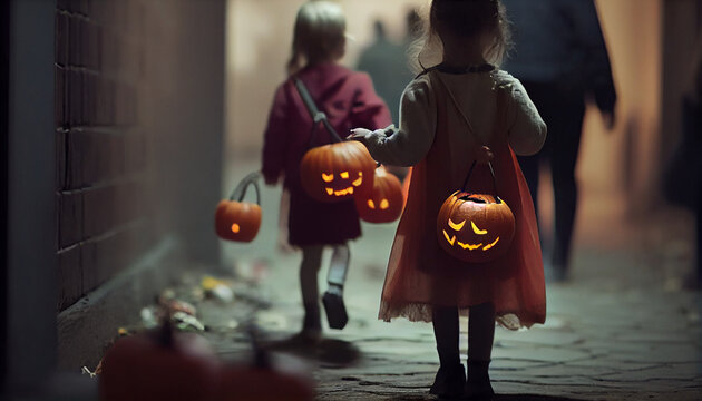 halloween jack o lantern with pumpkin, Children Trick Or Treating with Jack-O-Lantern Candy Buckets on Halloween, Ai generated image