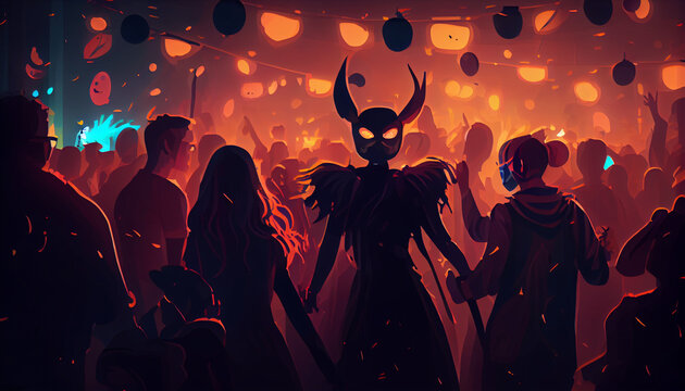 Crowd people celebrate the Halloween day party by dressing up in ghost and devil costumes and dancing happily in night lighting scene. Ai generated image