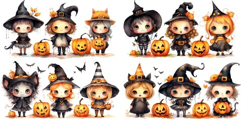 watercolor illustration Halloween witch, pumpkins and creepy things in cute cartoon style isolated on white background, children art style design, Generative Ai