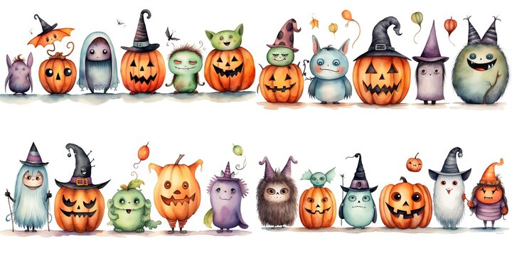 watercolor illustration Halloween creepy monster things in cute cartoon style isolated on white background, children art style design, Generative Ai