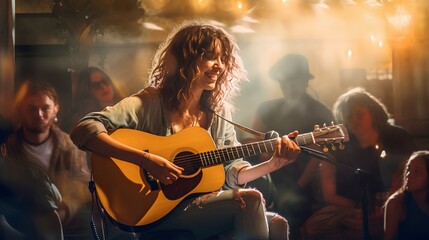 A woman with a guitar in a bar.