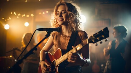 Obraz premium A woman with a guitar in a bar.