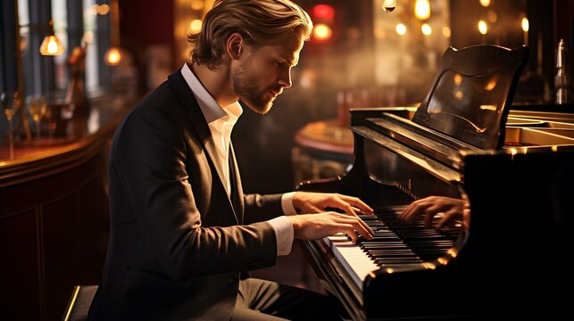 A man, a musician in a bar playing the piano.