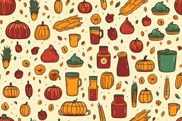 The colorful illustration of Thanksgiving holiday foods and items. Pattern style. Generative Ai.