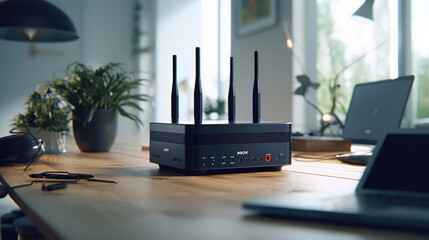 Modern router on the table - obrazy, fototapety, plakaty