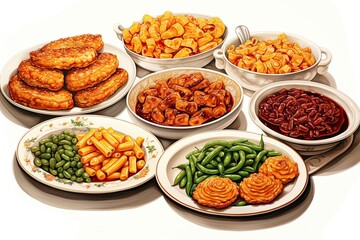 The colorful illustration of Thanksgiving holiday foods and items. Pattern style. Generative Ai.
