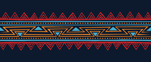 Tribal aztec pattern banner background. Ethnic border style vector seamless pattern. Ethnic embroidery seamless border template. Gypsy geometric motif, mexico or african print design