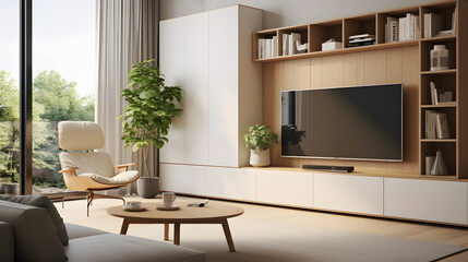 Cabinet for TV wall mounted with armchair in living room with a concrete wall
