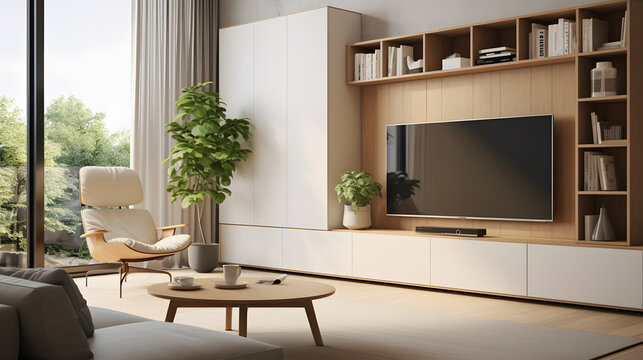 Cabinet for TV wall mounted with armchair in living room with a concrete wall
