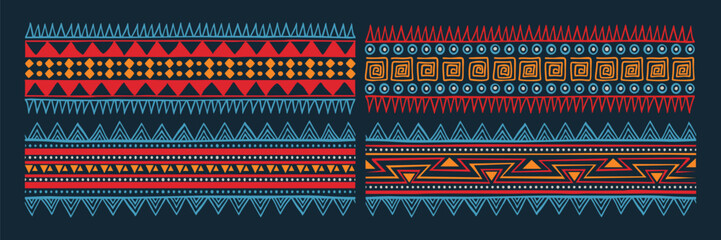 Set of tribal aztec pattern banner background. Ethnic border style vector seamless pattern. Ethnic embroidery seamless border template. Gypsy geometric motif, mexico or african print design