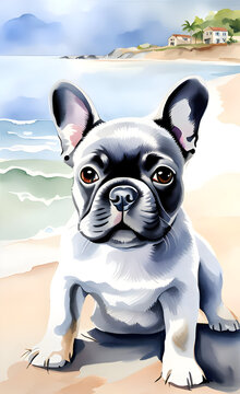Watercolor portrait of bulldog puppy.